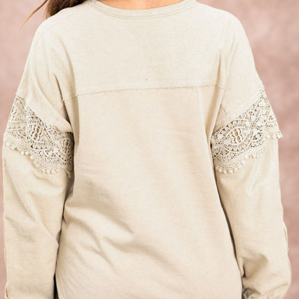 Notched Crochet Long Sleeve Sweatshirt