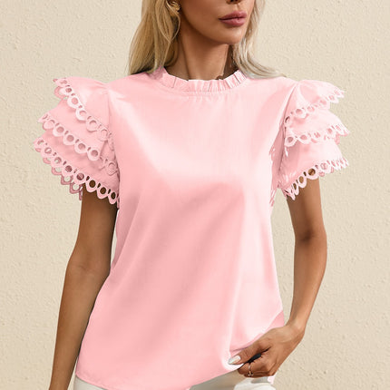 Ruffled Eyelet Round Neck Cap Sleeve Blouse