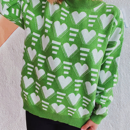 Heart Contrast Long Sleeve Dropped Shoulder Sweater