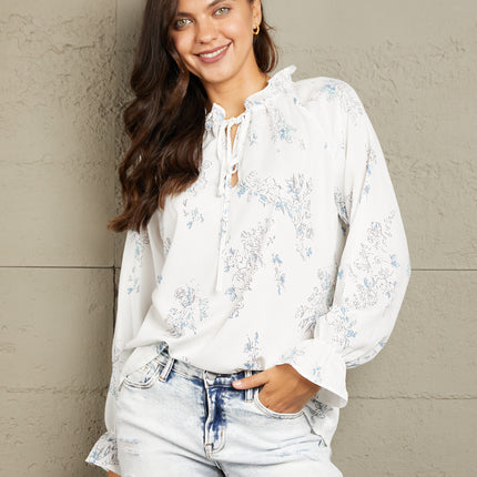 Double Take Floral Tie Neck Flounce Sleeve Blouse