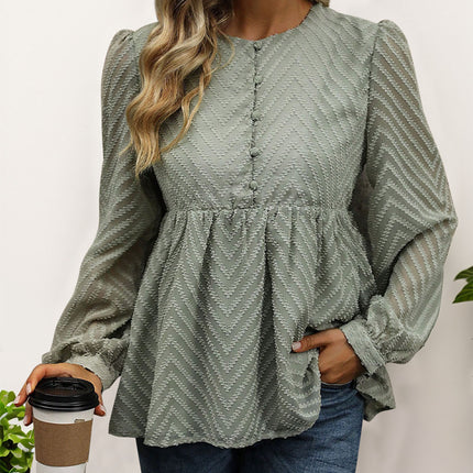 Peplum Round Neck Long Sleeve Blouse