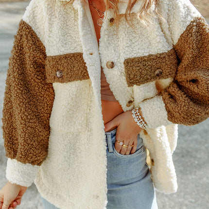 Color Block Collared Neck Sherpa Jacket