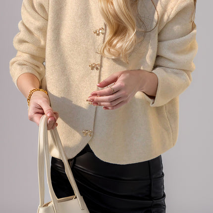 Bow Button Down Round Neck Long Sleeve Cardigan