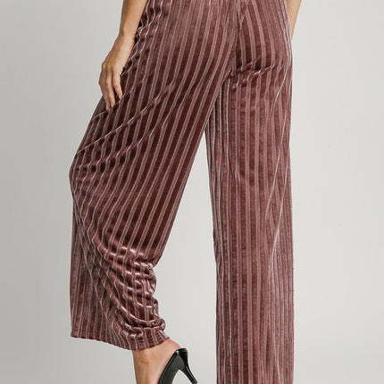 Umgee Full Size Elastic Waist Striped Wide Leg Velvet Pants