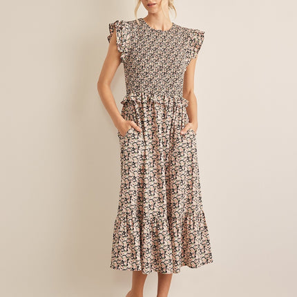 In February Floral Smocked Ruffled Midi Dress