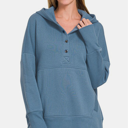 Zenana Half Snap Long Sleeve Hoodie with Kangaroo Pocket