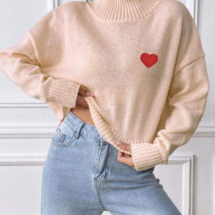 Heart Turtleneck Long Sleeve Sweater