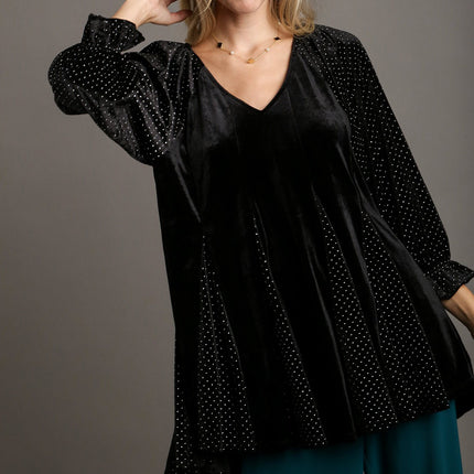 Umgee Godet Hem Polka Dot V-Neck Blouse