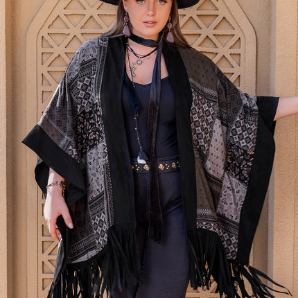 Plus Size Printed Fringe Open Front Outerwear