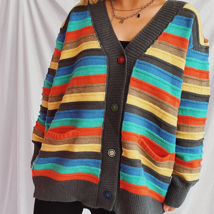 Contrast Stripes Button Up Long Sleeve Cardigan