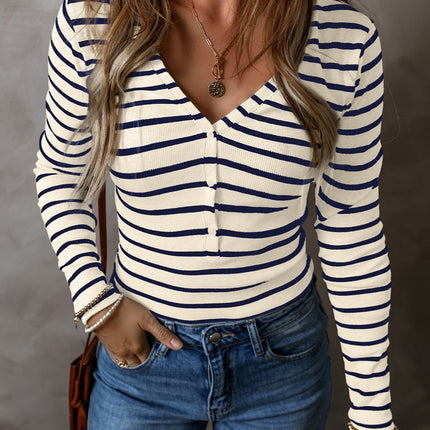 Striped V-Neck Long Sleeve Top