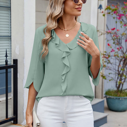 Ruffled V-Neck Three-Quarter Sleeve Blouse