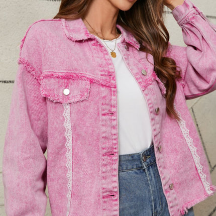 Lace Detail Distressed Button Up Denim Jacket