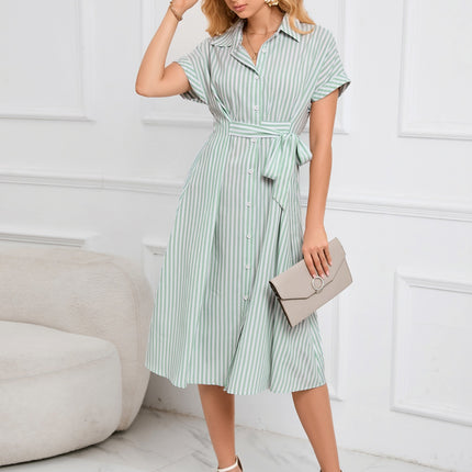 Striped Short Sleeve Tie Waist Midi Dress