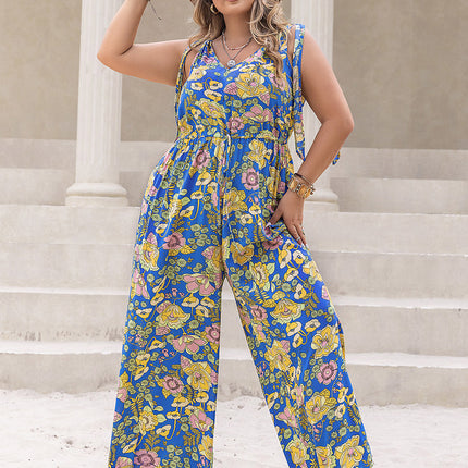 Plus Size Printed V-Neck Wide Leg Jumpsuit