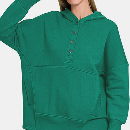 Zenana Half Snap Long Sleeve Hoodie with Kangaroo Pocket