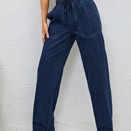 Drawstring Elastic Waist Jeans with Pockets