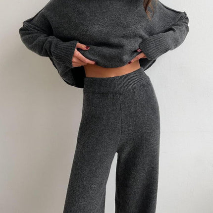 Slit Turtleneck Long Sleeve Top and Pants Sweater Set