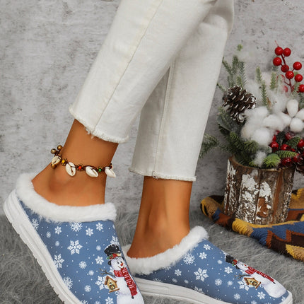 Snowman Print Flat Slippers with Faux Fur