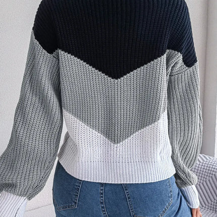Autumn Winter Color Contrast Women's Sweater Casual Knitted Long Sleeve Top Fashion V-neck Pullovers Loose New In Knitwears 2023