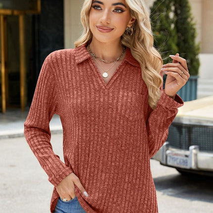 Ribbed Johnny Collar Long Sleeve T-Shirt