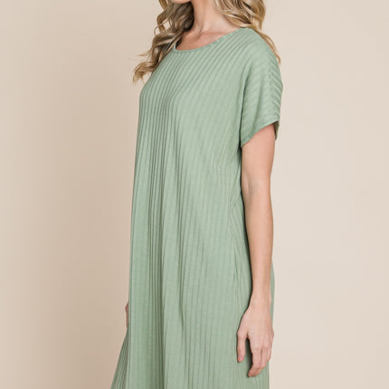 BOMBOM Ribbed Round Neck Short Sleeve Dress