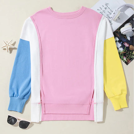 Slit Contrast Round Neck Long Sleeve Sweatshirt