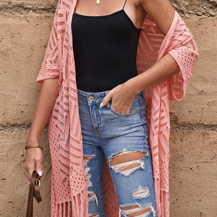 Openwork Open Front Cardigan with Fringes