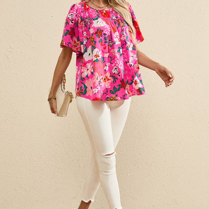 Smocked Printed Round Neck Half Sleeve Blouse