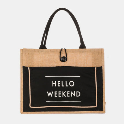 Fame Hello Weekend Burlap Tote Bag