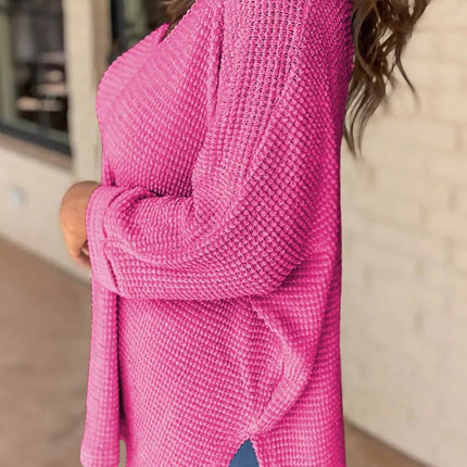 Waffle-Knit Slit V-Neck Long Sleeve Blouse