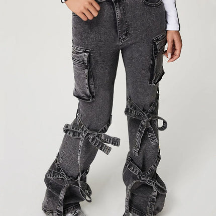 Bow Tied Mid Rise Jeans with Cargo Pockets