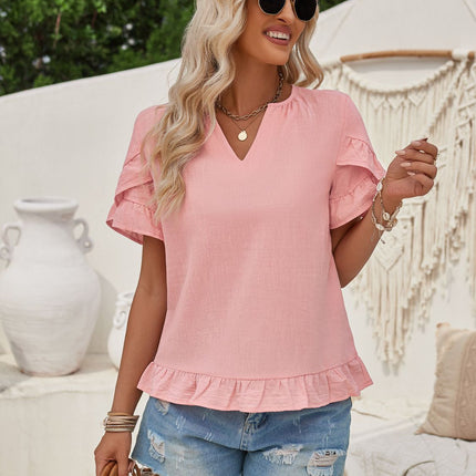 Ruffled Notched Petal Sleeve Blouse