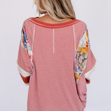 Striped Floral Patchwork Round Neck Top