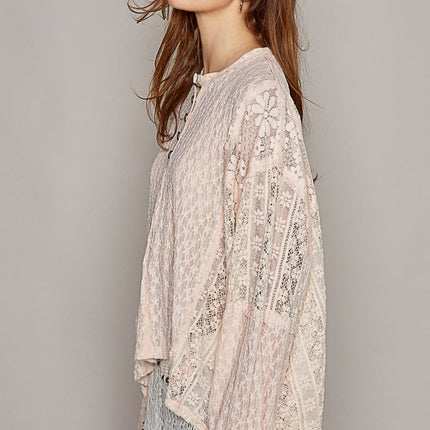 POL Round Neck Long Sleeve Raw Edge Lace Top