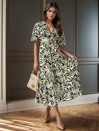 Printed Surplice Half Sleeve Midi Dress