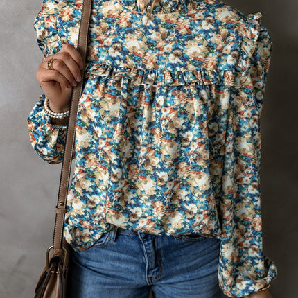 Frill Printed Mock Neck Long Sleeve Blouse