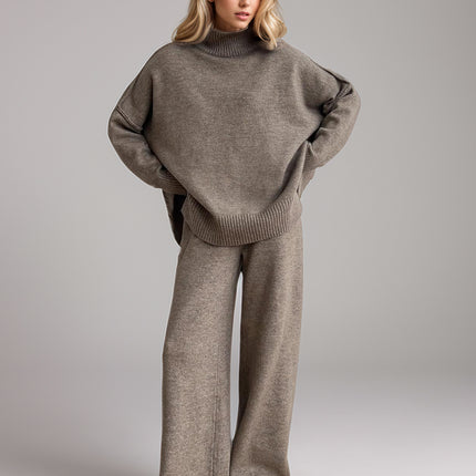 Slit Turtleneck Long Sleeve Top and Pants Sweater Set