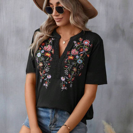 Embroidered Notched Short Sleeve T-Shirt