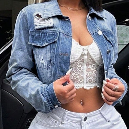 Distressed Button Up Collared Neck Denim Top