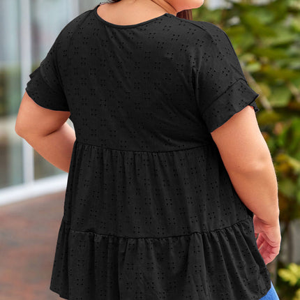 Plus Size Eyelet Round Neck Short Sleeve Blouse