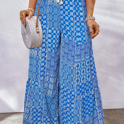 Full Size Drawstring Printed Wide Leg Pants