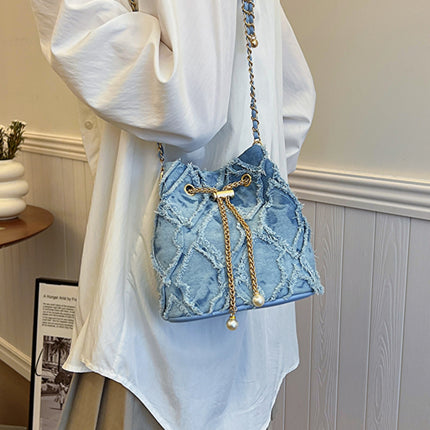 Chain Drawstring Raw Edge Denim Bucket Bag