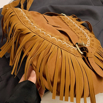 Suede Fringe Wide Strap Shoulder Bag