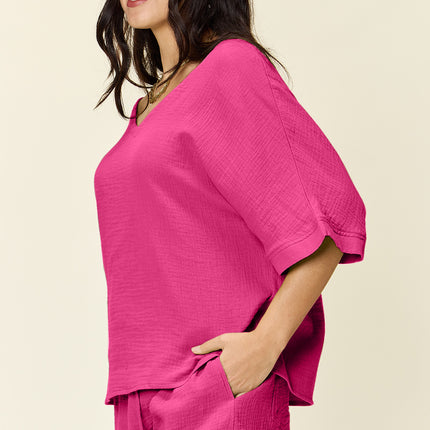 Double Take Texture Half Sleeve T-Shirt and Drawstring Shorts Set - Vickie Lynn's