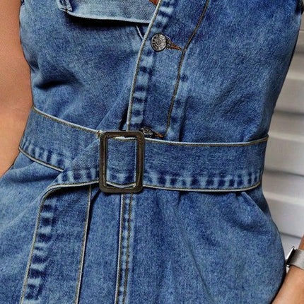 Buttoned Raw Hem Tube Denim Top