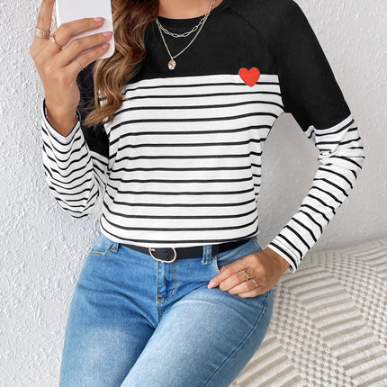 Striped Contrast Round Neck Long Sleeve T-Shirt