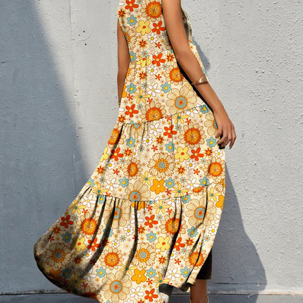 Tiered Printed V-Neck Sleeveless Dress