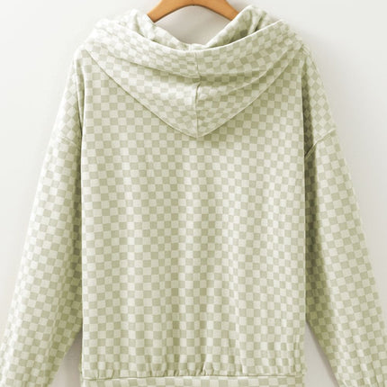 Checkered Print Kangaroo Pocket Drawstring Hoodie