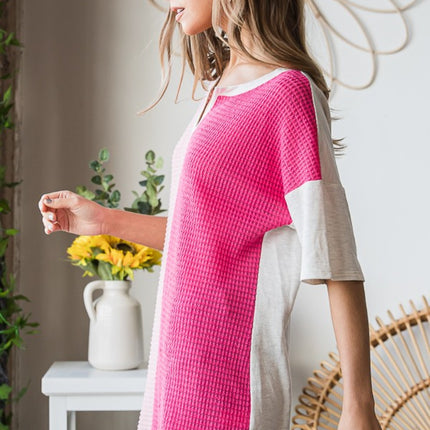 Heimish Full Size Contrast Waffle-Knit Half Sleeve Blouse